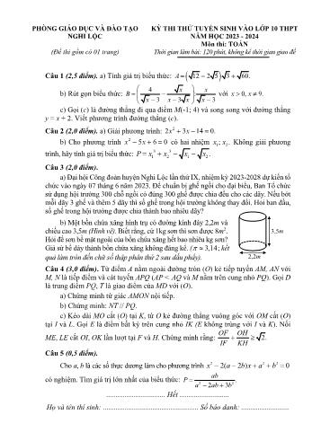 Đề thi thử tuyển sinh vào Lớp 10 THPT môn Toán - Năm học 2023-2024 - Phòng Giáo dục và Đào tạo Nghi Lộc (Có đáp án)