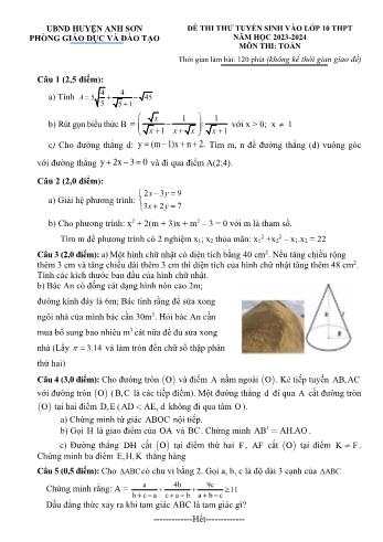 Đề thi thử tuyển sinh vào Lớp 10 THPT môn Toán - Năm học 2023-2024 - Phòng Giáo dục và Đào tạo Anh Sơn (Có đáp án)