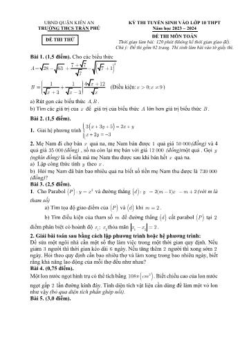 Đề thi thử tuyển sinh vào Lớp 10 THPT môn Toán - Năm học 2023-2024 - Trường THCS Trần Phú (Có đáp án)