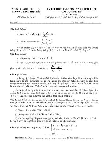 Đề thi thử tuyển sinh vào Lớp 10 THPT môn Toán - Năm học 2023-2024 - Phòng Giáo dục và Đào tạo Diễn Châu (Có đáp án)