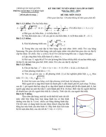 Đề thi thử tuyển sinh vào Lớp 10 THPT môn Toán - Năm học 2023-2024 - Phòng Giáo dục và Đào tạo Quận Ngô Quyền (Có đáp án)