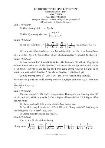 Đề thi thử tuyển sinh vào Lớp 10 THPT môn Toán - Năm học 2023-2024 - Phòng Giáo dục và Đào tạo Tứ Kỳ (Có đáp án)