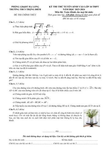 Đề thi thử tuyển sinh vào Lớp 10 THPT môn Toán - Năm học 2023-2024 - Trường THCS Trọng Điểm (Có đáp án)