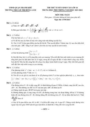 Đề thi thử tuyển sinh vào Lớp 10 THPT môn Toán - Năm học 2023-2024 - Trường THCS Lê Thị Hồng Gấm