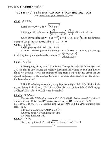 Đề thi thử tuyển sinh vào Lớp 10 THPT môn Toán - Năm học 2023-2024 - Trường THCS Diễn Thành (Có đáp án)