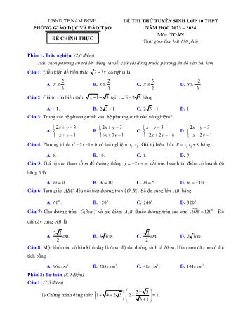 Đề thi thử tuyển sinh vào Lớp 10 THPT môn Toán - Năm học 2023-2024 - Phòng Giáo dục và Đào tạo TP Nam Định (Có đáp án)
