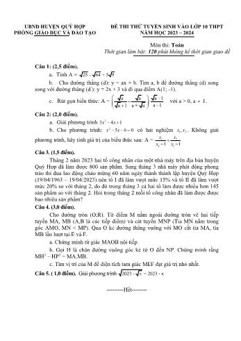 Đề thi thử tuyển sinh vào Lớp 10 THPT môn Toán - Năm học 2023-2024 - Phòng Giáo dục và Đào tạo Quỳ Hợp (Có đáp án)