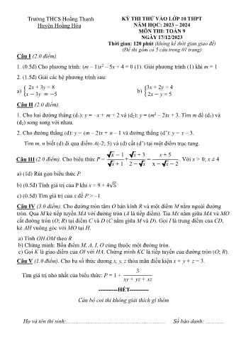 Đề thi thử vào Lớp 10 môn Toán - Năm học 2023-2024 - Trường THCS Hoằng Thanh