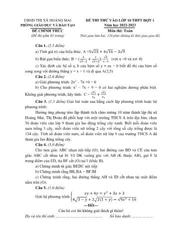 Đề thi thử vào Lớp 10 THPT đợt 1 môn Toán - Năm học 2022-2023 - Phòng Giáo dục và Đào tạo Thị xã Hoàng Mai (Có đáp án)