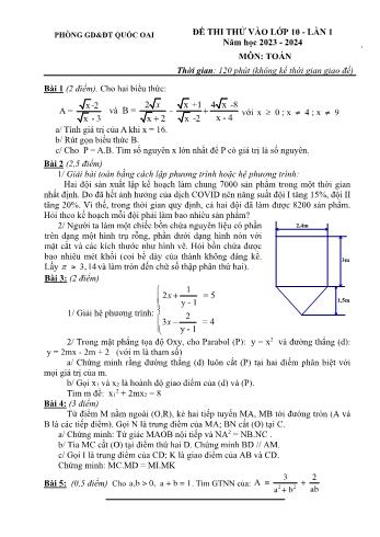 Đề thi thử vào Lớp 10 THPT lần 1 môn Toán - Năm học 2023-2024 - Phòng Giáo dục và Đào tạo Quốc Oai (Có đáp án)