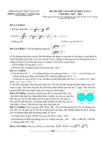 Đề thi thử vào Lớp 10 THPT lần 1 môn Toán - Năm học 2023-2024 - Phòng Giáo dục và Đào tạo Thủy Nguyên (Có đáp án)