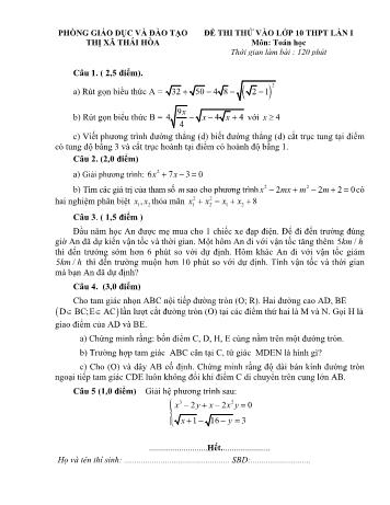 Đề thi thử vào Lớp 10 THPT lần 1 môn Toán - Năm học 2023-2024 - Phòng Giáo dục và Đào tạo Thị xã Thái Hòa (Có đáp án)
