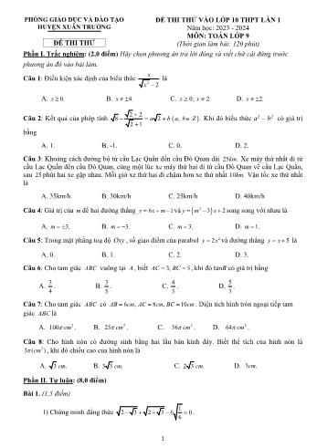 Đề thi thử vào Lớp 10 THPT lần 1 môn Toán - Năm học 2023-2024 - Phòng Giáo dục và Đào tạo Xuân Trường (Có đáp án)