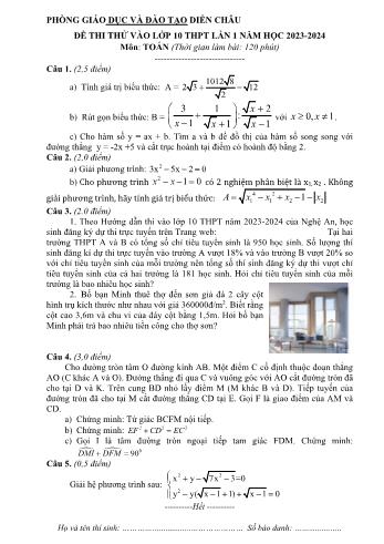 Đề thi thử vào Lớp 10 THPT lần 1 môn Toán - Năm học 2023-2024 - Phòng Giáo dục và Đào tạo Diễn Châu (Có đáp án)