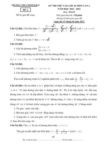Đề thi thử vào Lớp 10 THPT lần 2 môn Toán - Đề A - Năm học 2023-2024 - Trường THCS Minh Khai (Có đáp án)