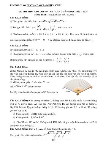 Đề thi thử vào Lớp 10 THPT lần 2 môn Toán - Năm học 2023-2024 - Phòng Giáo dục và Đào tạo Diễn Châu (Có đáp án)
