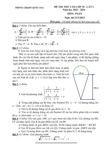Đề thi thử vào Lớp 10 THPT lần 2 môn Toán - Năm học 2023-2024 - Phòng Giáo dục và Đào tạo Quốc Oai (Có đáp án)