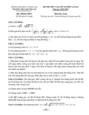 Đề thi thử vào Lớp 10 THPT lần 2 môn Toán - Năm học 2023-2024 - Trường THCS Quỳnh Lập (Có đáp án)