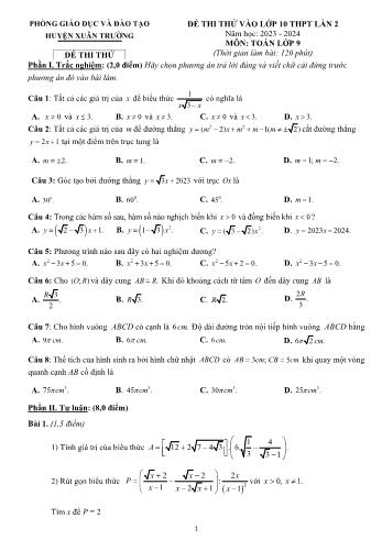 Đề thi thử vào Lớp 10 THPT lần 2 môn Toán - Năm học 2023-2024 - Phòng Giáo dục và Đào tạo Xuân Trường