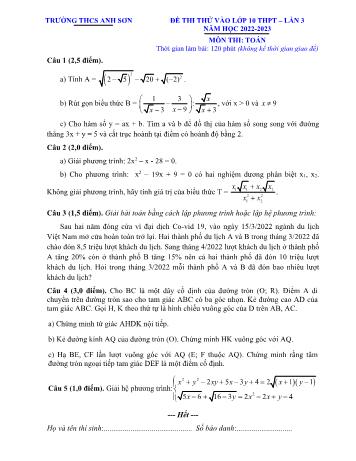 Đề thi thử vào Lớp 10 THPT lần 3 môn Toán - Năm học 2022-2023 - Trường THCS Anh Sơn (Có đáp án)