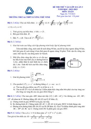 Đề thi thử vào Lớp 10 THPT lần 3 môn Toán - Năm học 2022-2023 - Trường THCS và THPT Lương Thế Vinh