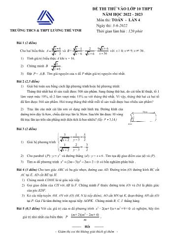 Đề thi thử vào Lớp 10 THPT lần 4 môn Toán - Năm học 2022-2023 - Trường THCS và THPT Lương Thế Vinh (Có đáp án)