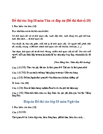 Đề thi thử vào Lớp 10 THPT môn Ngữ văn - Đề số 10 (Có đáp án)