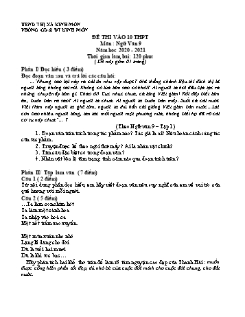 Đề thi thử vào Lớp 10 THPT môn Ngữ văn - Năm học 2020-2021 - Phòng GD và ĐT Thị xã Kinh Môn (Có đáp án)
