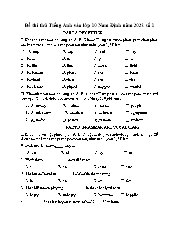 Đề thi thử vào Lớp 10 THPT môn Tiếng Anh - Đề số 1 - Năm học 2021-2022 - Sở GD và ĐT Nam Định (Có đáp án)