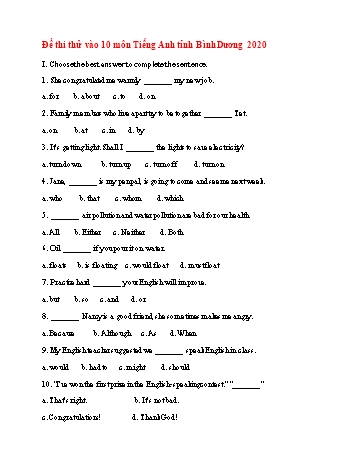 Đề thi thử vào Lớp 10 THPT môn Tiếng Anh năm 2020 - Sở GD và ĐT Bình Dương (Có đáp án)