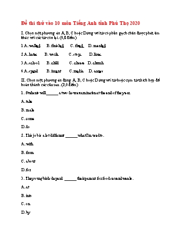 Đề thi thử vào Lớp 10 THPT môn Tiếng Anh năm 2020 - Sở GD và ĐT Phú Thọ (Có đáp án)