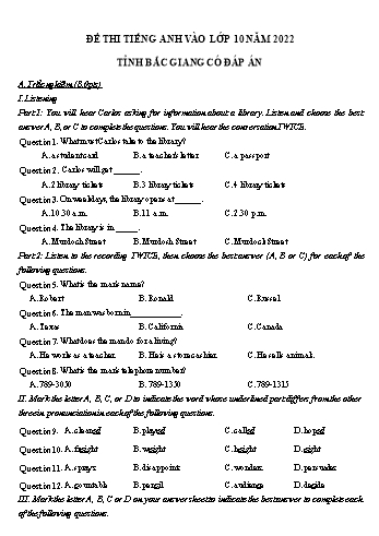 Đề thi thử vào Lớp 10 THPT môn Tiếng Anh năm 2022 - Sở GD và ĐT Bắc Giang (Có đáp án)