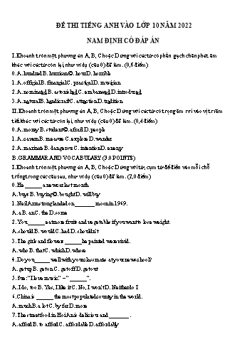 Đề thi thử vào Lớp 10 THPT môn Tiếng Anh năm 2022 - Sở GD và ĐT Nam Định (Có đáp án)