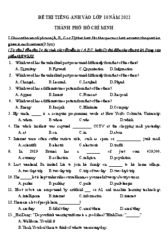 Đề thi thử vào Lớp 10 THPT môn Tiếng Anh năm 2022 - Sở GD và ĐT Thành phố Hồ Chí Minh