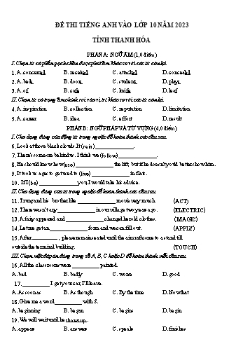 Đề thi thử vào Lớp 10 THPT môn Tiếng Anh năm 2023 - Sở GD và ĐT Thanh Hóa