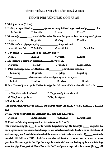 Đề thi thử vào Lớp 10 THPT môn Tiếng Anh năm 2023 - Sở GD và ĐT Thành phố Vũng Tàu (Có đáp án)