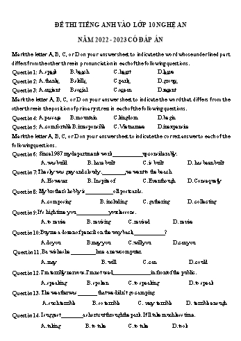 Đề thi thử vào Lớp 10 THPT môn Tiếng Anh - Năm học 2022-2023 - Sở GD và ĐT Nghệ An (Có đáp án)