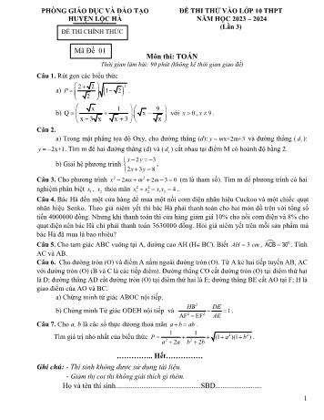 Đề thi thử vào Lớp 10 THPT môn Toán - Lần 3 - Mã đề 01 - Năm học 2023-2024 - Phòng Giáo dục và Đào tạo Lộc Hà (Có đáp án)
