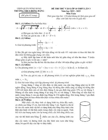 Đề thi thử vào Lớp 10 THPT môn Toán - Lần 3 - Năm học 2022-2023 - Trường THCS Hồng Bàng (Có đáp án)