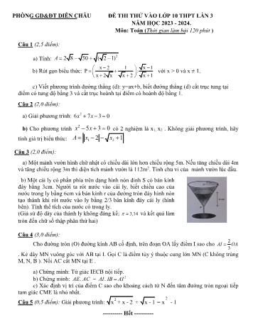 Đề thi thử vào Lớp 10 THPT môn Toán - Lần 3 - Năm học 2023-2024 - Phòng Giáo dục và Đào tạo Diễn Châu (Có đáp án)