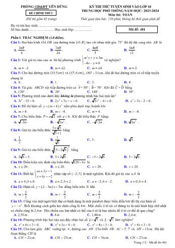 Đề thi thử vào Lớp 10 THPT môn Toán - Mã đề 481 - Năm học 2023-2024 - Phòng Giáo dục và Đào tạo Yên Dũng (Có đáp án)