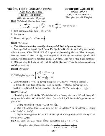 Đề thi thử vào Lớp 10 THPT môn Toán - Năm học 2021-2022 - Trường THCS Thanh Xuân Trung (Có đáp án)