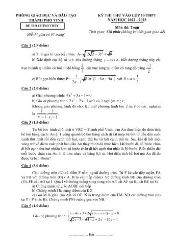 Đề thi thử vào Lớp 10 THPT môn Toán - Năm học 2022-2023 - Phòng GD và ĐT Thành phố Vinh (Có đáp án)