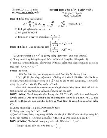 Đề thi thử vào Lớp 10 THPT môn Toán - Năm học 2022-2023 - Trường THCS Phúc Diễn (Có đáp án)