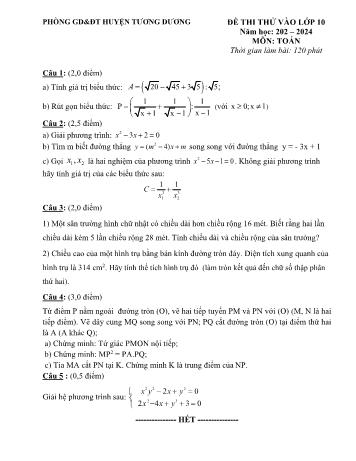 Đề thi thử vào Lớp 10 THPT môn Toán - Năm học 2023-2024 - Phòng Giáo dục và Đào tạo Tương Dương (Có đáp án)