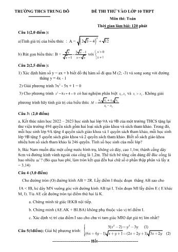 Đề thi thử vào Lớp 10 THPT môn Toán - Năm học 2023-2024 - Trường THCS Trung Đô (Có đáp án)