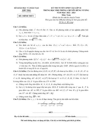 Đề thi tuyển sinh Lớp 10 THPT chuyên Hùng Vương môn Toán - Dành cho thí sinh chuyên Toán - Năm học 2022-2023 - Sở GD và ĐT Phú Thọ (Có đáp án)