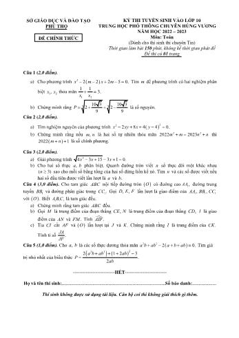 Đề thi tuyển sinh Lớp 10 THPT chuyên Hùng Vương môn Toán - Dành cho thí sinh chuyên Tin - Năm học 2022-2023 - Sở GD và ĐT Phú Thọ (Có đáp án)