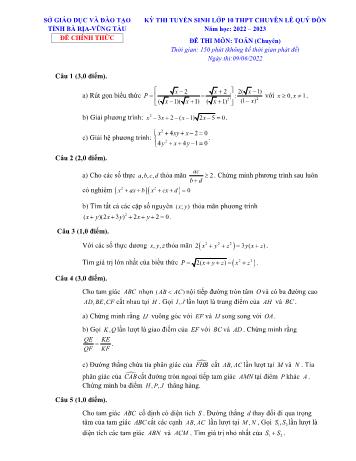Đề thi tuyển sinh Lớp 10 THPT chuyên Lê Quý Đôn môn Toán - Năm học 2022-2023 - Sở GD và ĐT Bà Rịa - Vũng Tàu (Có đáp án)