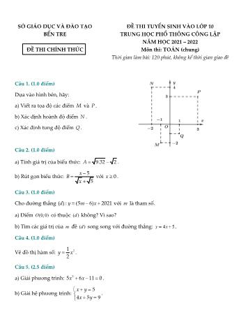 Đề thi tuyển sinh Lớp 10 THPT công lập môn Toán - Năm học 2021-2022 - Sở GD và ĐT Bến Tre (Có đáp án)